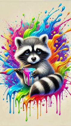 a raccoon holding a cup with paint splatters on it