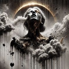 a woman's face is surrounded by clouds and rain as she stares up at the moon