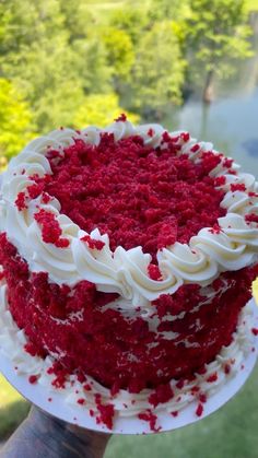 a red velvet cake with white frosting and sprinkles