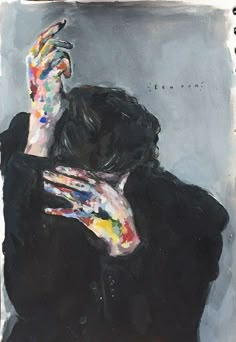 a painting of a man with his hands on his face