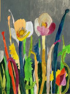 an abstract painting of flowers on a gray background with yellow, pink, and green stems