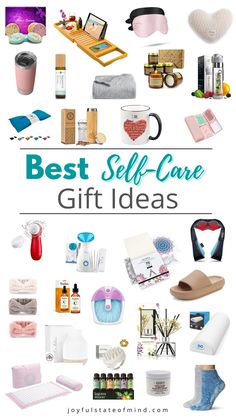 the words best self care gift ideas are shown in blue and white, with images of items