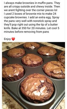 a muffin tin filled with chocolate cupcakes on top of a counter