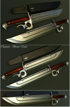 three different types of knifes are shown in this image, one is open and the other has two knives attached to it