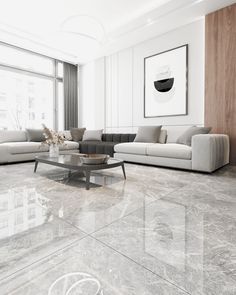 a modern living room with marble floors and white walls