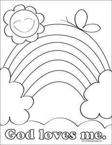 a coloring page with the words god loves me and a rainbow in the sky above it