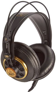 a pair of headphones that are black and gold