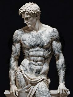 a statue of a man with tattoos on it's chest and arms, sitting in front of a black background