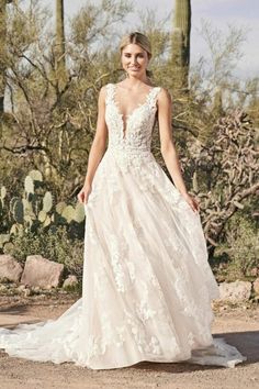 a woman wearing a wedding dress in the desert with cactus trees and rocks behind her