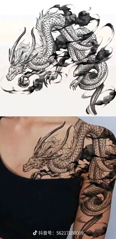 a woman with tattoos on her arm and chest, next to an image of a dragon