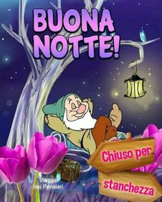 an image of a cartoon character with flowers in the foreground and a sign that says, buona notte