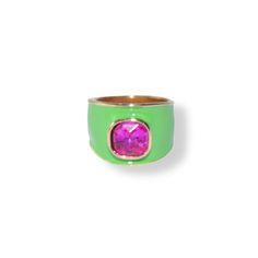 Thick, enamel ring with a square shaped stone. Available in purple/topaz, orange/aquamarine, mint/topaz and green/purple. Green Enamel Rings As A Gift, Green Enamel Jewelry With Gemstones, Topaz Orange, Touch Love, Peridot Stone, Product Ideas, Enamel Ring, Virtual Closet, Green And Purple