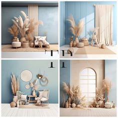 four different shots of the same room with blue walls and white furniture, including chairs, vases, mirrors, and plants