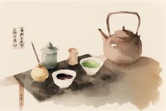 there is a tea pot and two bowls on the table with chopsticks next to it