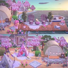 there are two pictures of the same scene in animal crossing, one is pink and the other is blue