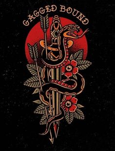 an image of a snake and dagger tattoo on a black background