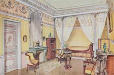 a drawing of a bedroom with furniture and curtains