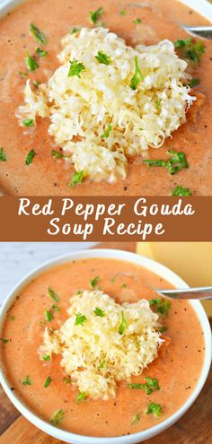 red pepper gourd soup recipe in a white bowl with parmesan cheese on top