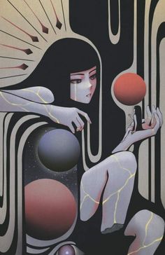 a woman holding a red ball in her right hand and looking at it with an abstract background