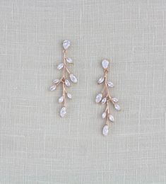 Long Rose gold Cubic Zirconia Bridal earrings - APRILLE - Treasures by Agnes Cubic Zirconia Bridal Earrings, Rose Gold Bridal Earrings, Rose Gold Wedding Jewelry, Gold Bridal Earrings, Wedding Earrings Drop, Gold Leaf Earrings, Gold Wedding Jewelry, Rose Gold Bridal, Popular Jewelry