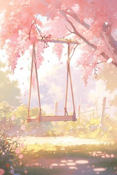 a swing in the middle of a tree with pink flowers on it