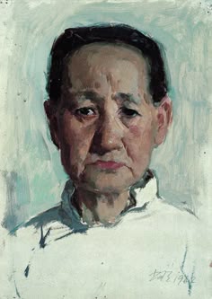 a painting of an older man with black hair and white collared shirt looking at the camera