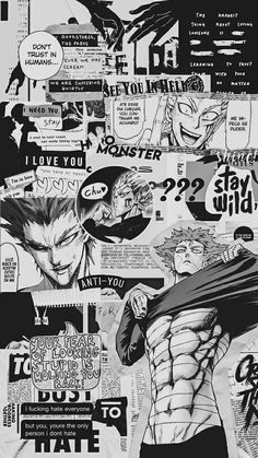 an image of comic characters collaged together in black and white with the words i love you, stay wild