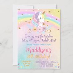 a unicorn birthday party with rainbows and stars on the front, including an envelope