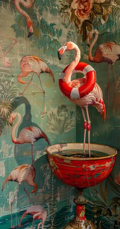 a flamingo standing on top of a red bowl in front of a wallpaper