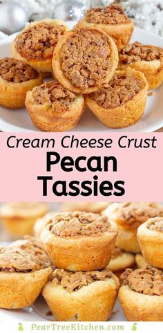 cream cheese crust pecan tasses on a white plate with text overlay