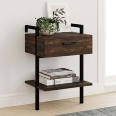 a wooden shelf with two books and a plant on it next to a white wall