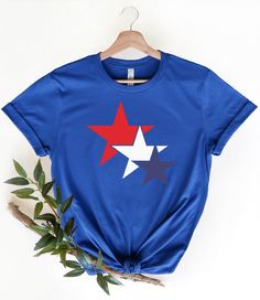 a blue t - shirt with red, white and blue stars on the front is tied to a tree branch