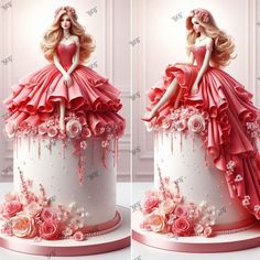 two pictures of a barbie doll sitting on top of a white cake with pink flowers