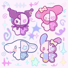 three cartoon animals with different colors and designs on it's face, one is pink, the other is blue