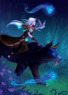 a woman riding on the back of a black bear in a blue forest at night