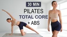 two women doing yoga poses with the words 30 min pilates total core and abs