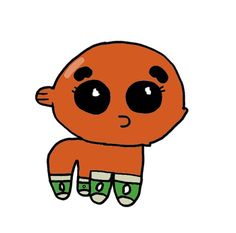 an orange cartoon character with black eyes and green pants