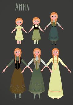 the character sheet for an animated movie, with different outfits and hair styles on them