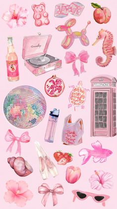 a pink poster with various items on it