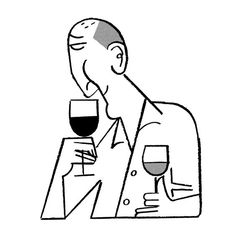 a black and white drawing of a man holding a glass of wine in his hand