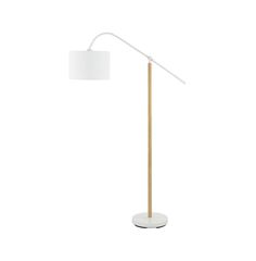 a white floor lamp with a wooden base and a white shade on the light bulb