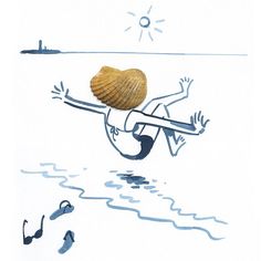 a drawing of a person with a seashell on their head jumping into the water