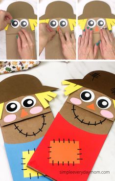 paper bag puppets made to look like scarecrows with eyes, nose and mouth