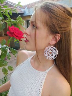 Pure white circle mandala earrings, made with high-quality polyester and/or metallic threads with silver plated ear wires. The handmade tatting lace makes these large earrings lightweight and comfy ready to wear on any occasion -- a great unique gift for her or a boho white wedding. GET FREE UPGRADED SHIPPING ON ORDERS OVER $110! Each piece of Monarch lace jewelry is uniquely handmade, so the exact measurements can vary a bit. Tatted lace jewelry is delicate but durable with proper care. Avoid s Summer Wedding Flower Earrings, Elegant Summer Hoop Earrings, Elegant Round Hoop Earrings For The Beach, White Flower Drop Earrings For Summer, White Circular Jewelry For The Beach, Adjustable White Hoop Earrings For Festivals, Bohemian White Hoop Earrings For Beach, Handmade White Hoop Earrings For Festivals, Elegant White Flower Earrings For Beach