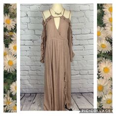 Crinkle Open Shoulder Maxi Dress Darker Sand Beige Color With Metallic Thread Prefect Dress With Ankle Booties (The Factory Pic From Entro The Lighting Is Different So It Appears To Be Lighter Beige Detailed Sleeve Button Side Hem Side Up Left Side With Small Ruffle Detail Hem Strap Detail Shoulder /Neck Line So Pretty And Feminine By Entro Sz S M L (Used Size 2 4 6 8 10 12 For Size Exposure All Sizes Are S M L) Flowy Brown Maxi Dress For Spring, Brown Flowy Maxi Dress For Spring, Brown Ruffled Maxi Dress For Spring, Flowy Brown Maxi Dress For Day Out, Brown Ruffled Maxi Dress For Vacation, Brown Ruffled Maxi Dress For Day Out, Spring Brown Maxi Dress For Date Night, Brown Flowy Maxi Dress For Day Out, Brown Maxi Dress For Spring Date Night