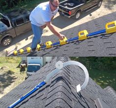 a man that is standing on top of a roof with some yellow and blue handles