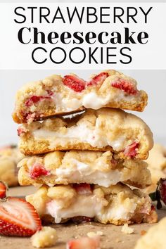 strawberry cheesecake cookies stacked on top of each other