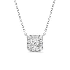 If you need a diamond necklace with a more feminine vibe, this is the one. This white gold necklace features a princess-cut diamond framed by a rounded square halo of round diamonds. Count on this piece to add a little pop of twinkly chic to your looks. Square Diamond Necklace, White Gold Necklace, Diamond Frame, Rounded Square, White Gold Necklaces, Princess Cut Diamonds, Lab Created Diamonds, Princess Cut, Round Diamonds