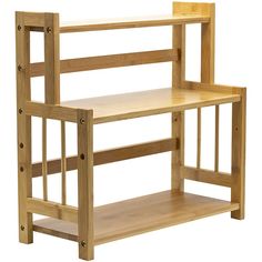 a wooden shelf with two shelves on each side