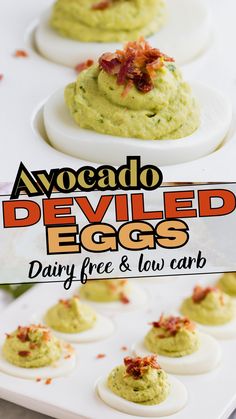 avocado deviled eggs with bacon and low carb on a white platter